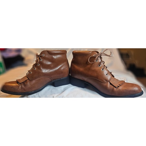 Brown Leather Kiltie Lace Up Ankle Boots Western Low Block Heel Booties - Picture 5 of 16